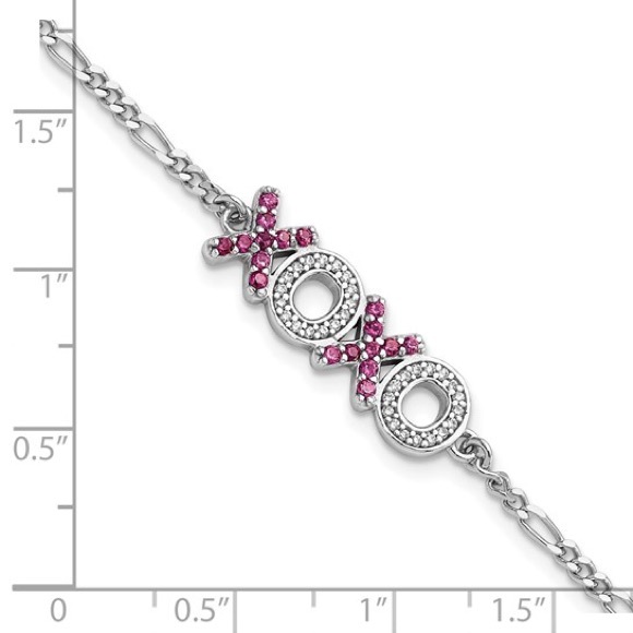 925 Sterling Silver X O multi color CZ 7.25” w 1” ext Bracelet Figaro kisses - Picture 2 of 5